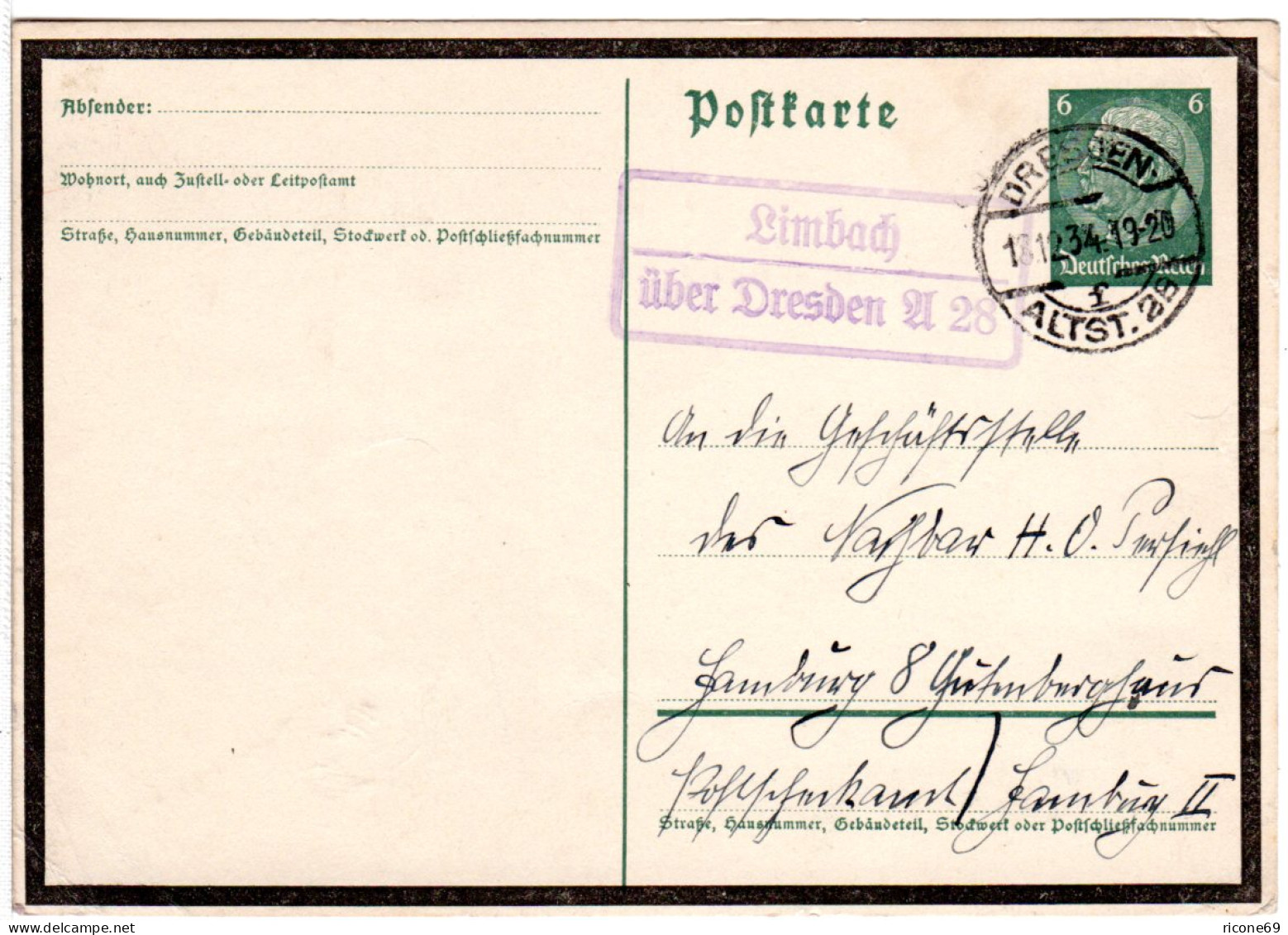DR 1934, Landpost Stpl. LIMBACH über Dresden A 28 Auf 6 Pf. Trauer-Ganzsache. - Briefe U. Dokumente