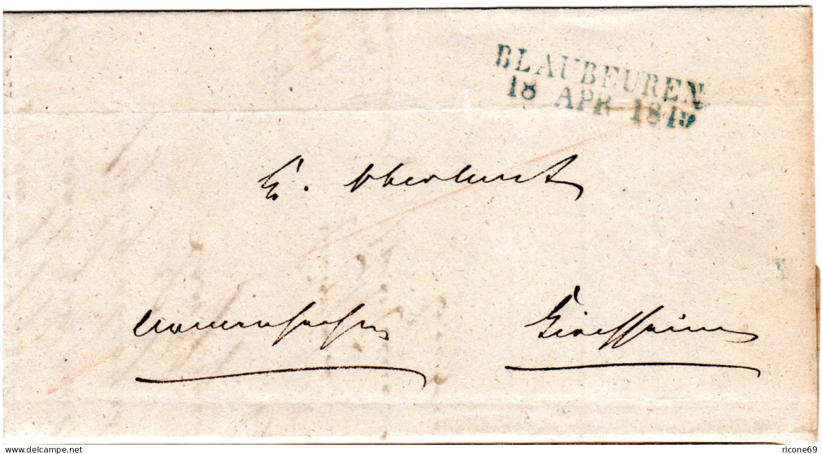 Württemberg 1849, L2 BLAUBEUREN In Blau Auf Armensache Brief N. Kirchheim - [Voorlopers