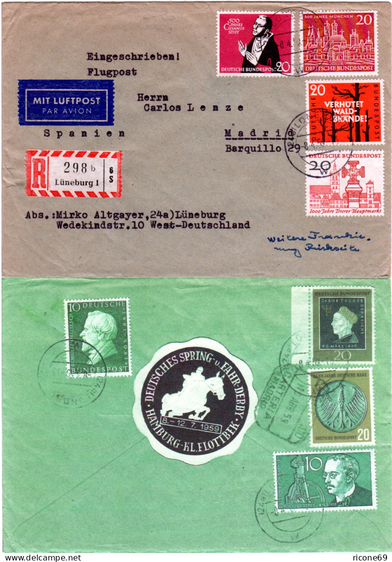 BRD 1959, 8 Marken U. Vignette Auf Luftpost Reko Brief V. Lüneburg N. Spanien - Storia Postale