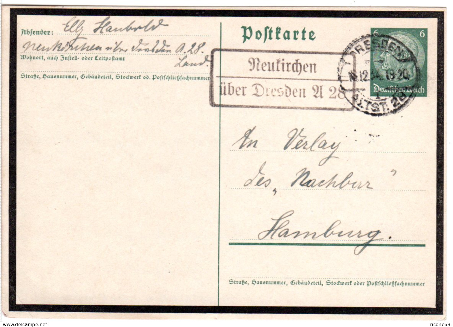 DR 1934, Landpost Stpl. NEUKIRCHEN über Dresden A 28 Auf 6 Pf. Trauer-Ganzsache. - Briefe U. Dokumente