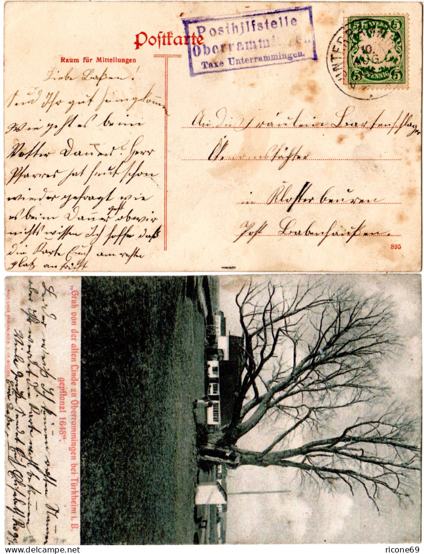 Bayern 1908, Posthilfstelle Oberrammingen Taxe Unterrammingen Auf AK M. 5 Pf. - Briefe U. Dokumente