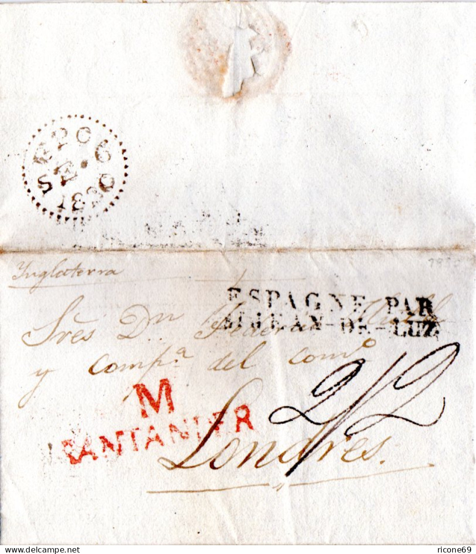 Spanien 1830, Roter L2 M SANTANDER Auf Porto Brief Via Frankreich N. GB - Storia Postale