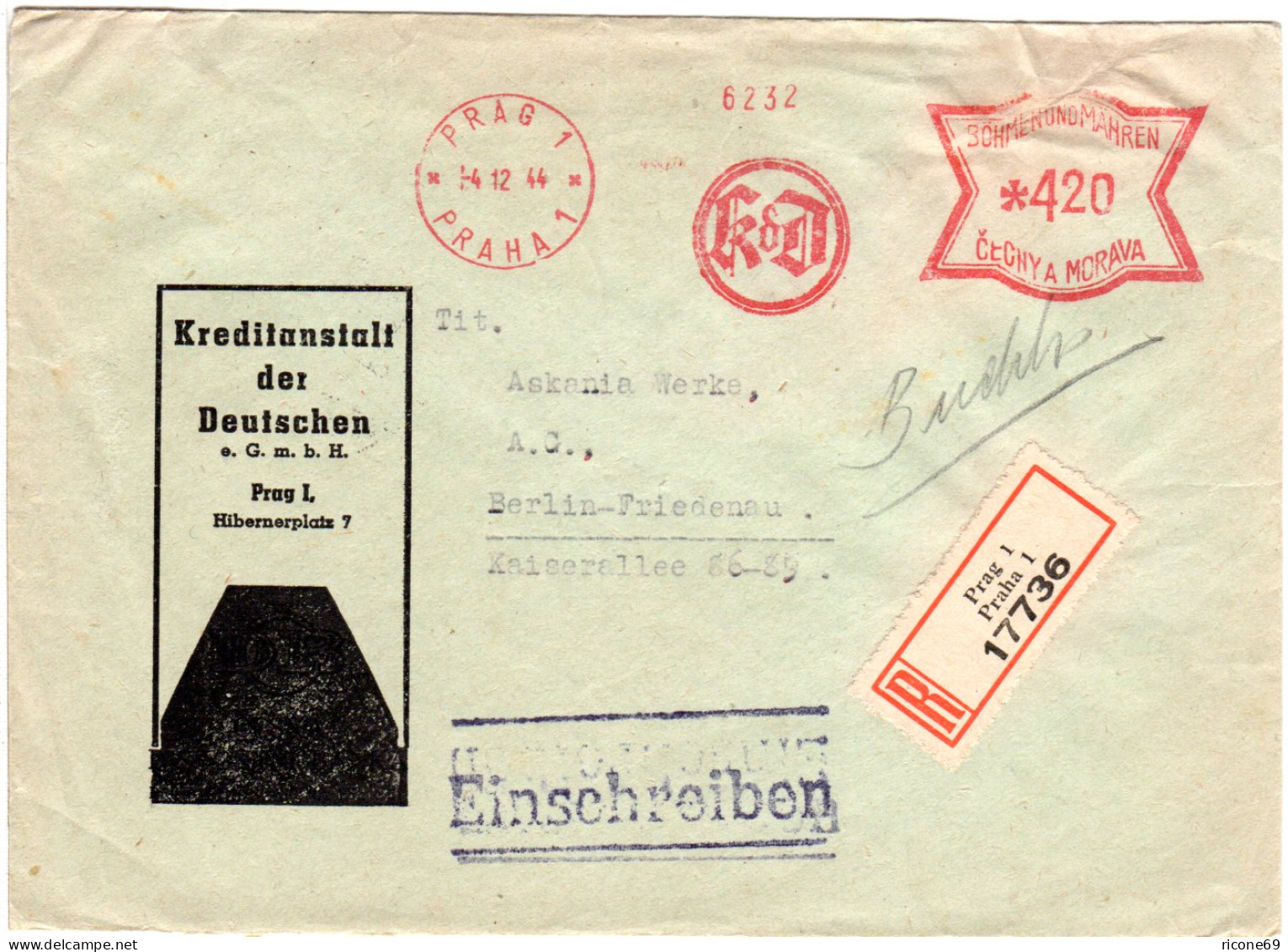 Böhmen U. Mähren 1944, KdD Bank Maschinen Freistpl. Auf Reko Brief V. Prag - Munten