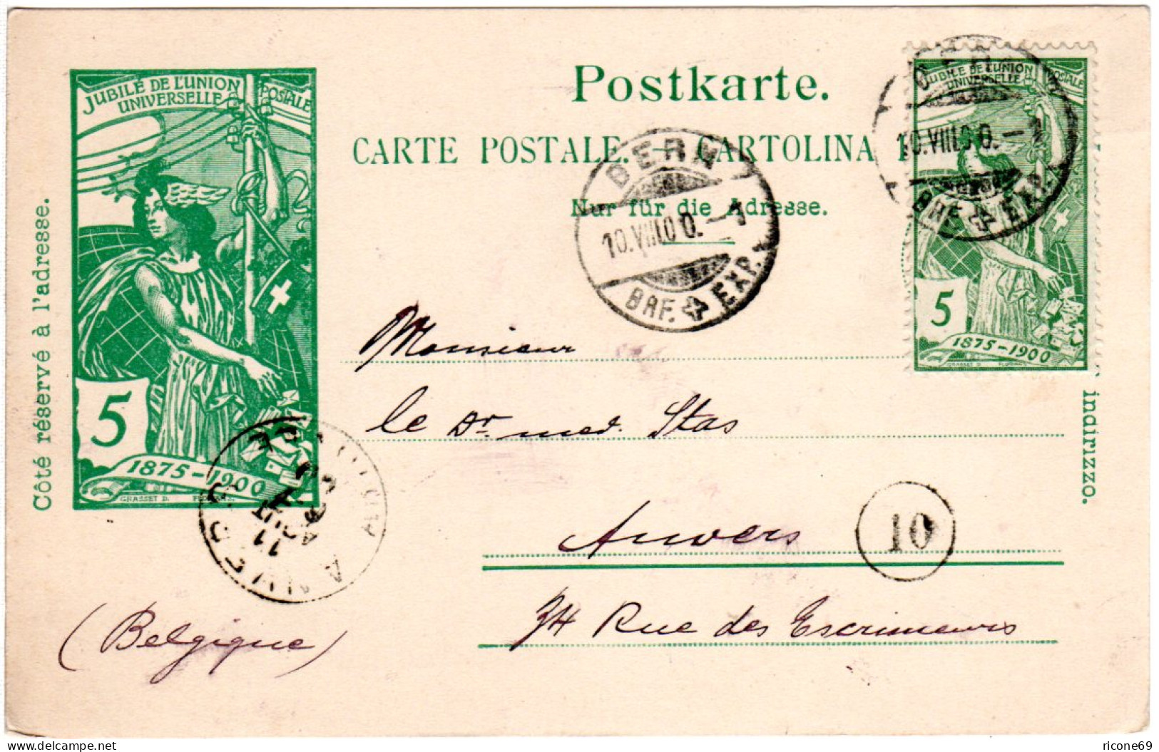 Schweiz 1900, UPU 5 C. Zusatzfr. Auf 5 C. Ganzsache V. Bern N. Belgien - Lettres & Documents