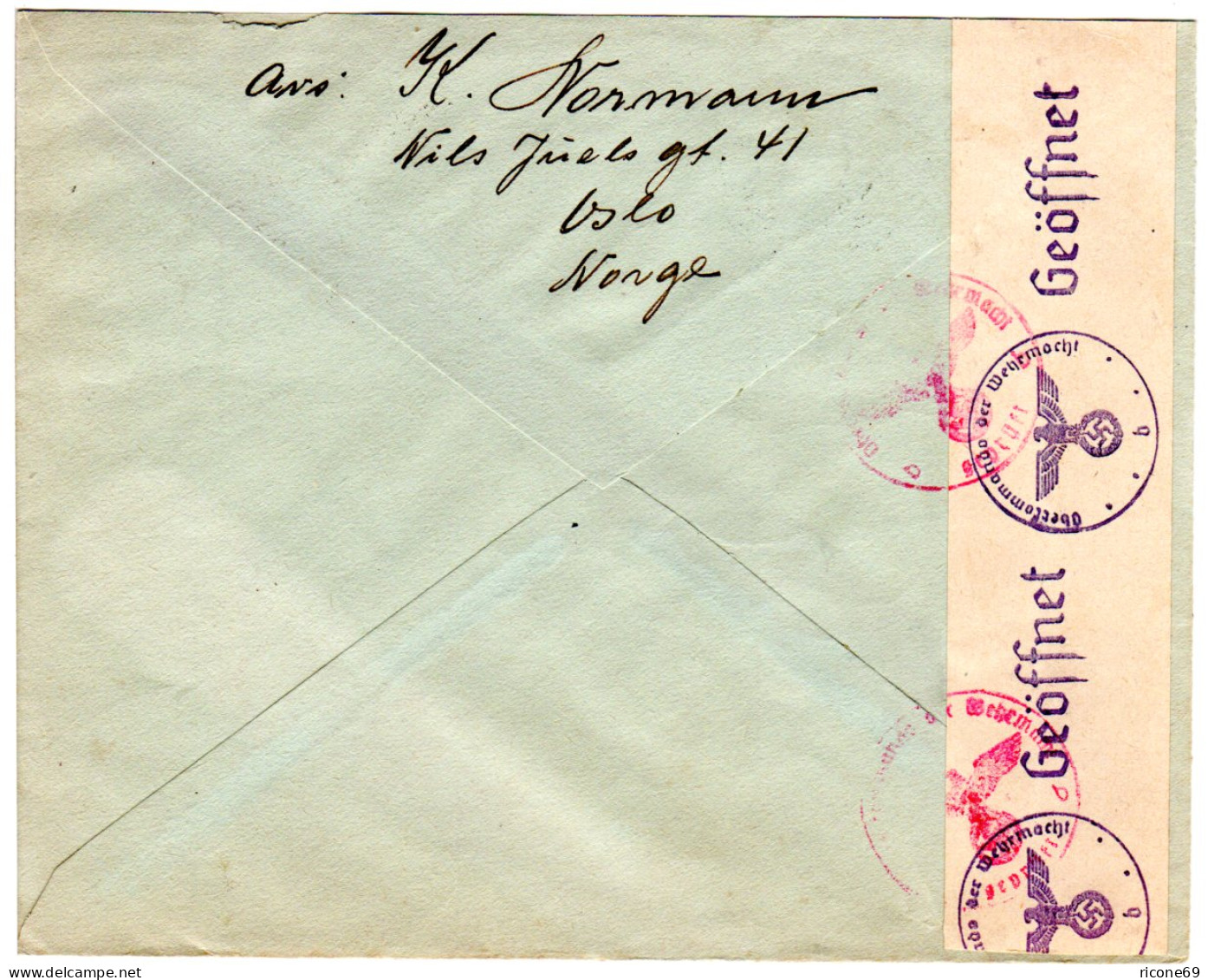 Norwegen 1943, 20 öre Grieg Auf Einschreiben Zensur Brief V. Oslo I.d. NL - Lettres & Documents