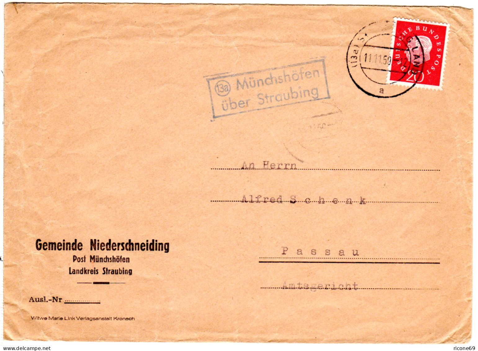 BRD 1959, Landpost Stpl. 13a MÜNCHSHÖFEN über Straubing Auf Brief M. 20 Pf. - Lettres & Documents