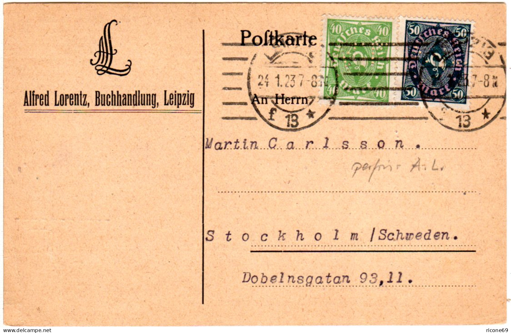 DR 1923, 40+50 Pf. M. Perfin Firmenlochung Auf Karte V. Leipzig - Briefe U. Dokumente