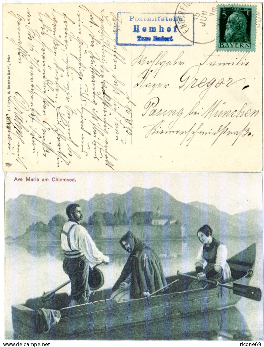 Bayern 1913, Posthilfstelle HEMHOF Taxe Endorf Auf Chiemsee AK M. 5 Pf. - Covers & Documents