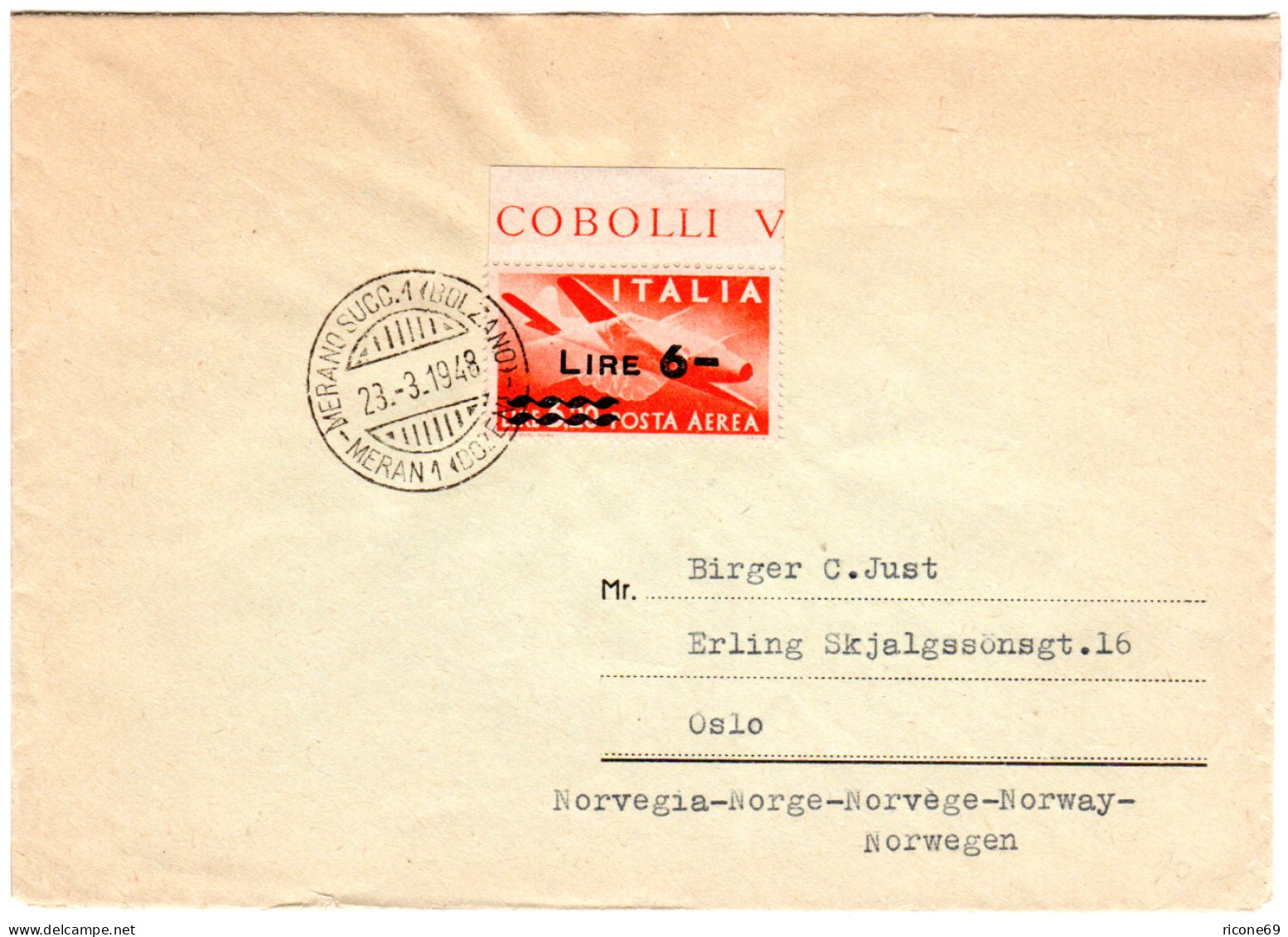 Italien 1948, EF 6/3,20 Lire Auf Drucksachenumschlag V. Meran N. Norwegen - Unclassified