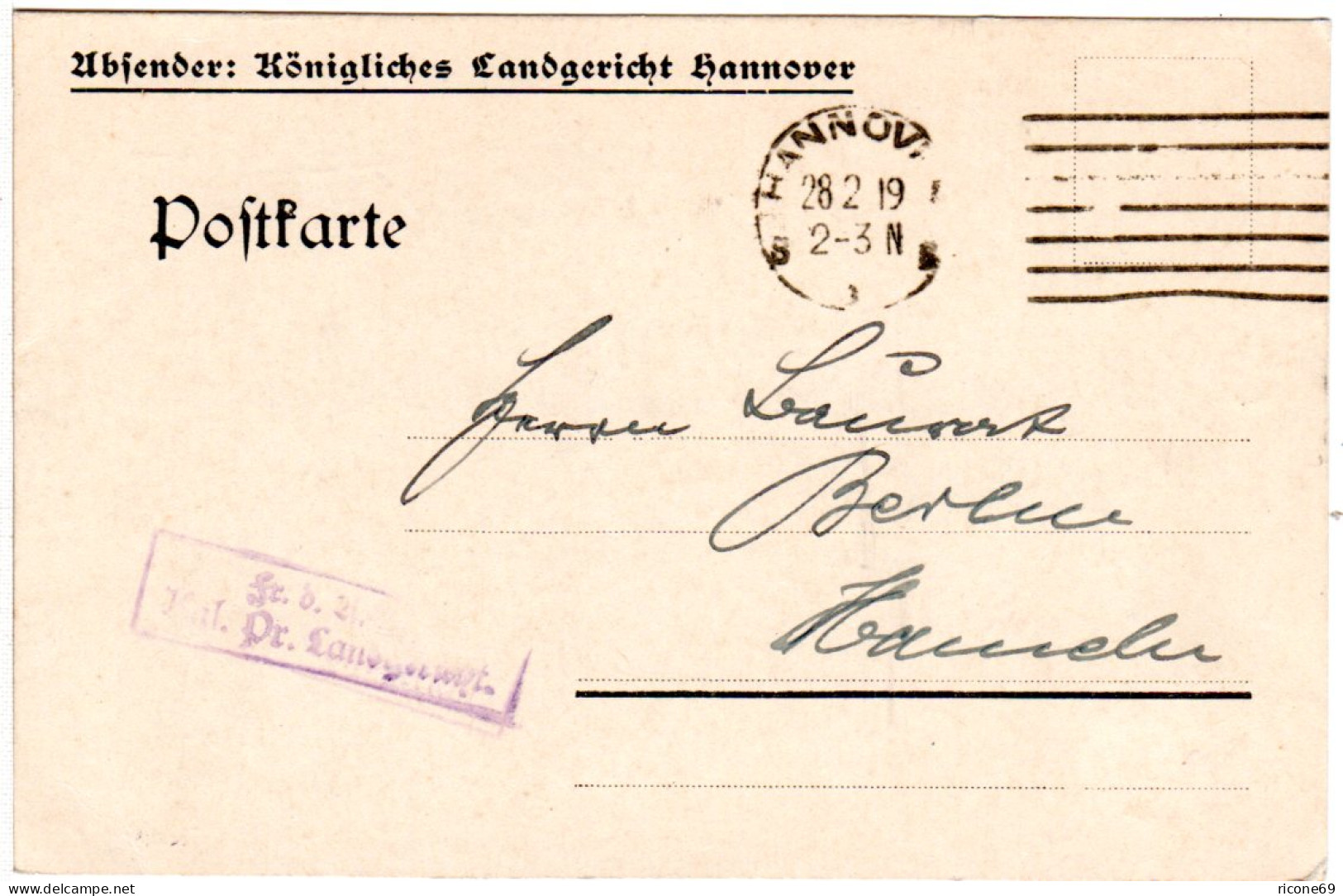 DR 1919, Frei D. Ablösung Kgl. Pr. Landgericht Auf Karte V. Hannover N. Hameln - Briefe U. Dokumente