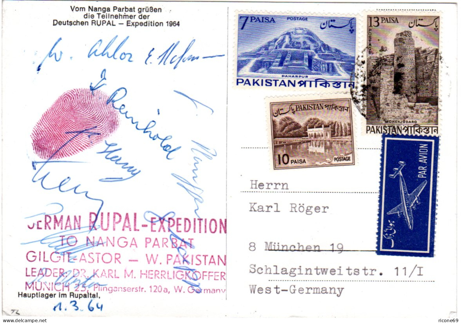 Pakistan 1964, Karte V. D. German Rupal Expedition M. Unterschriften  - Autres - Asie