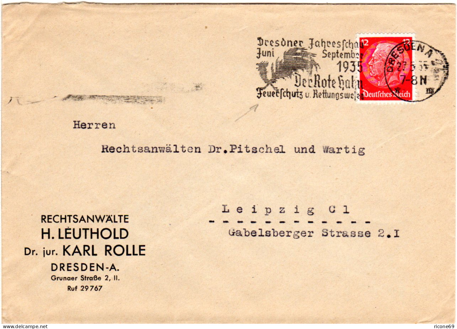 DR 1935, Dresden Maschinenstpl. Der Rote Hahn Feuerschutz...auf Brief M. 12 Pf. - Pompieri
