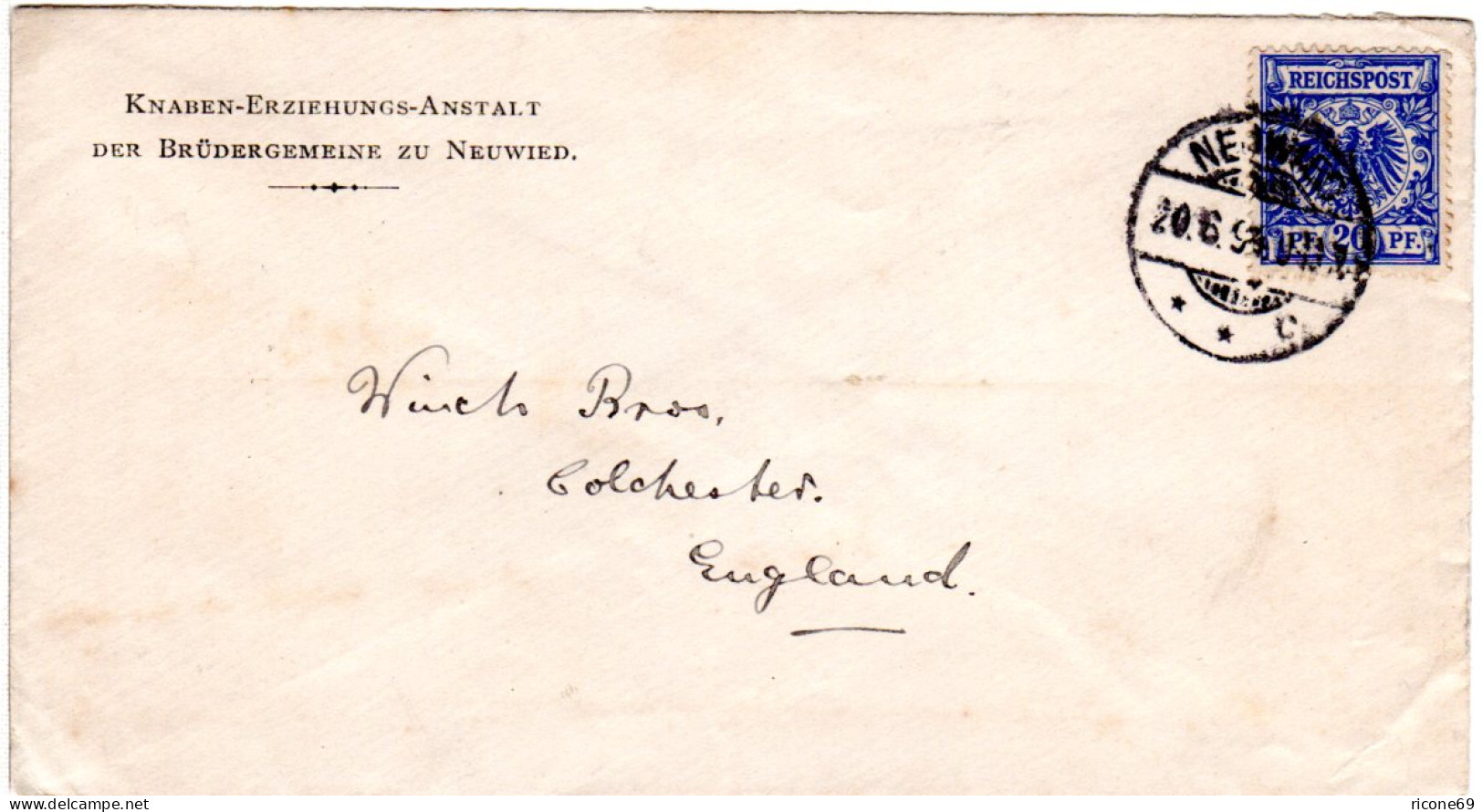 DR 1894, 20 Pf. Auf Vordruck Brief D. Erziehungs-Anstalt Neuwied N. GB - Covers & Documents