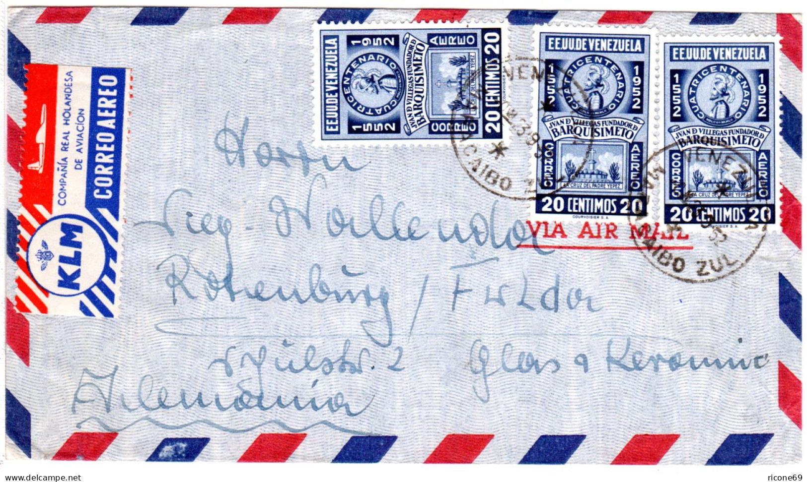 Venezuela 1952, 3x20 C. Auf Luftpost Brief M. KLM CORREO AEREO Luftpostetikett - Venezuela