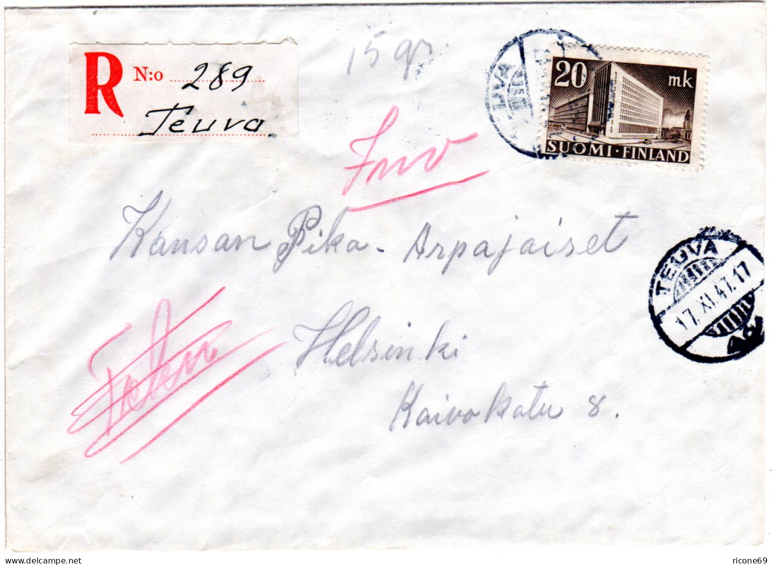 Finnland 1947, TEUVA, Handschriftlicher Reko Zettel Auf Brief M. EF 20 M. - Sonstige & Ohne Zuordnung