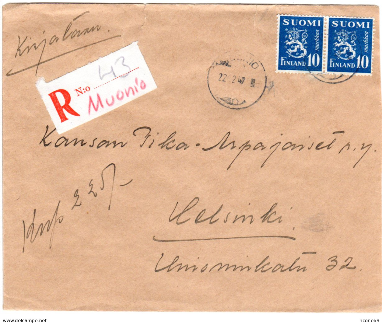 Finnland 1947, MUONIO, Handschriftlicher Reko Zettel Auf Brief M. Paar 10 M. - Other & Unclassified