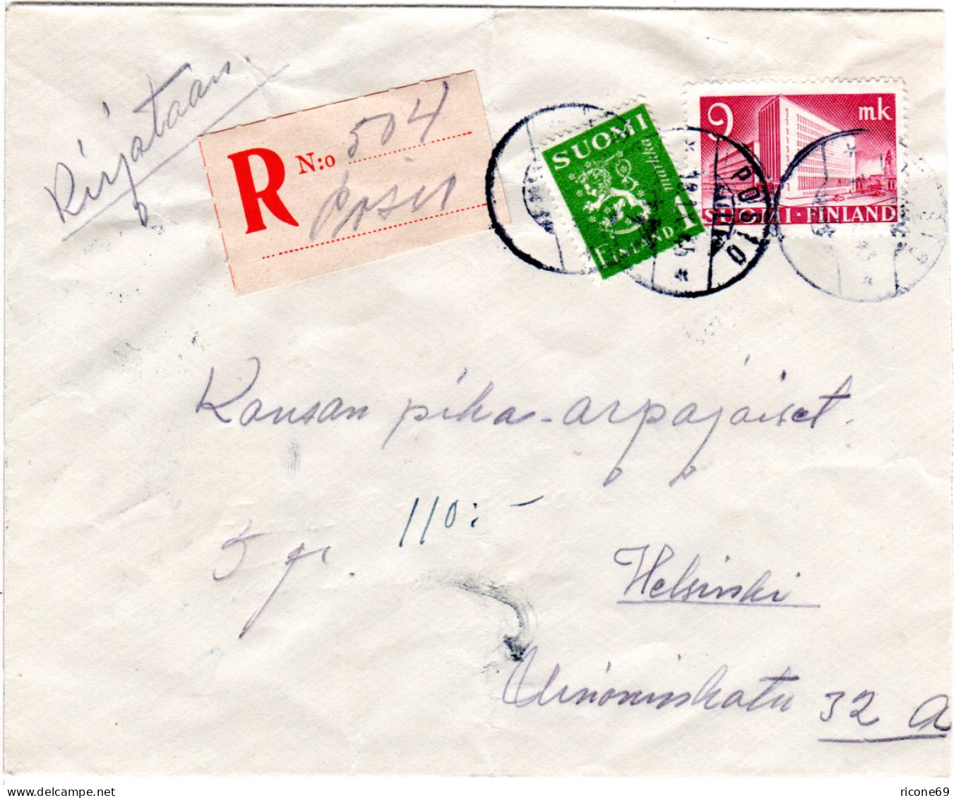 Finnland 1945, POSIO, Handschriftlicher Reko Zettel Auf Brief M. 9+1 M. - Altri & Non Classificati