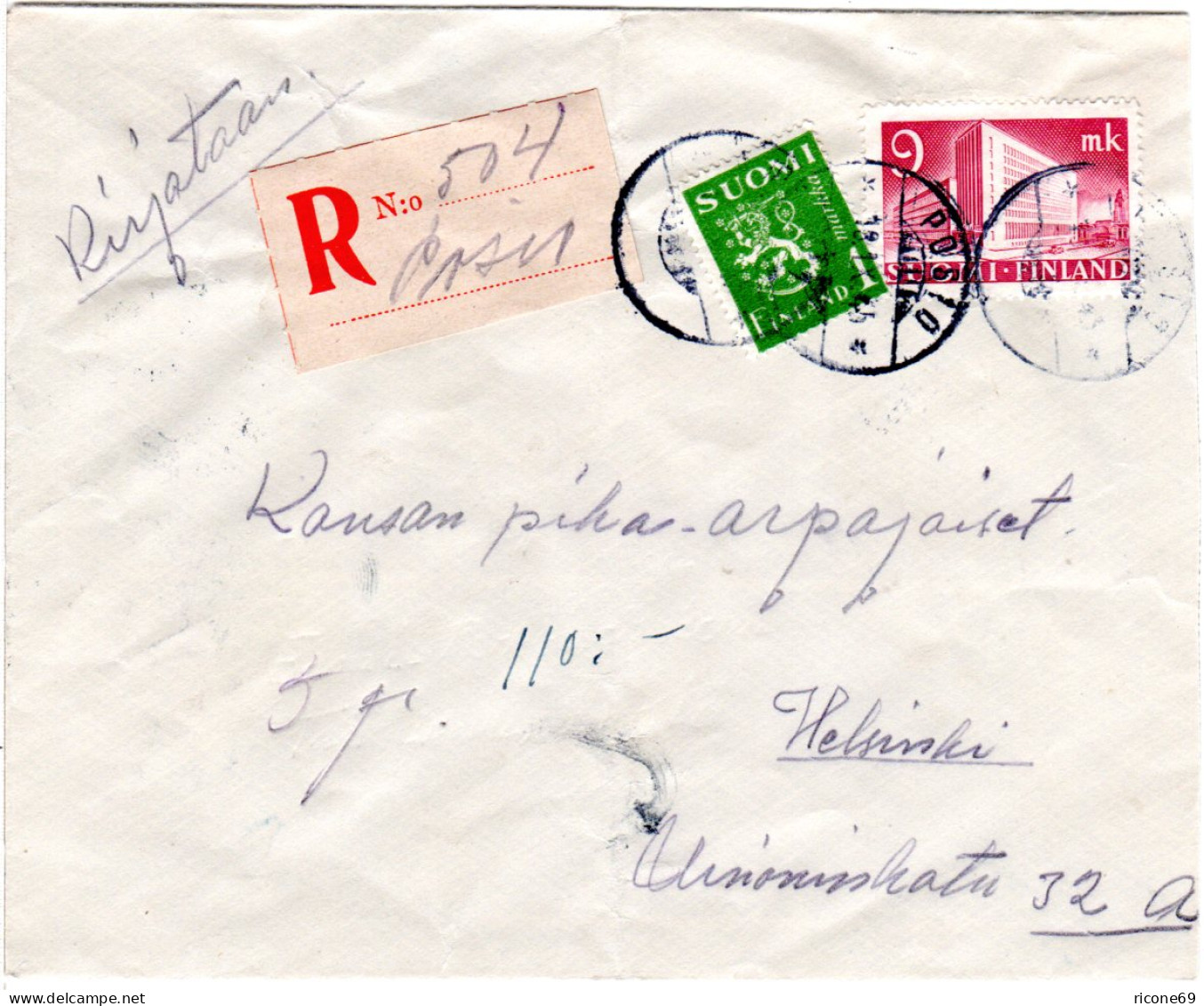 Finnland 1945, POSIO, Handschriftlicher Reko Zettel Auf Brief M. 9+1 M. - Autres & Non Classés