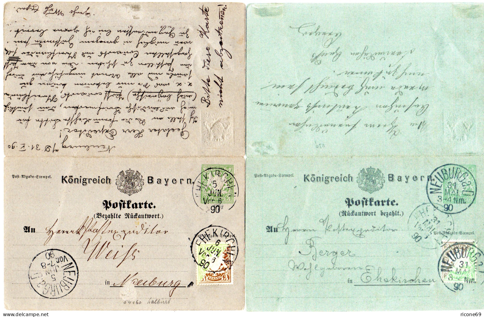 Bayern 1890, 3 Pf. Grün+braun, 4 Diagonalhalbierungen Auf Doppelkarte Ganzsache - Brieven En Documenten