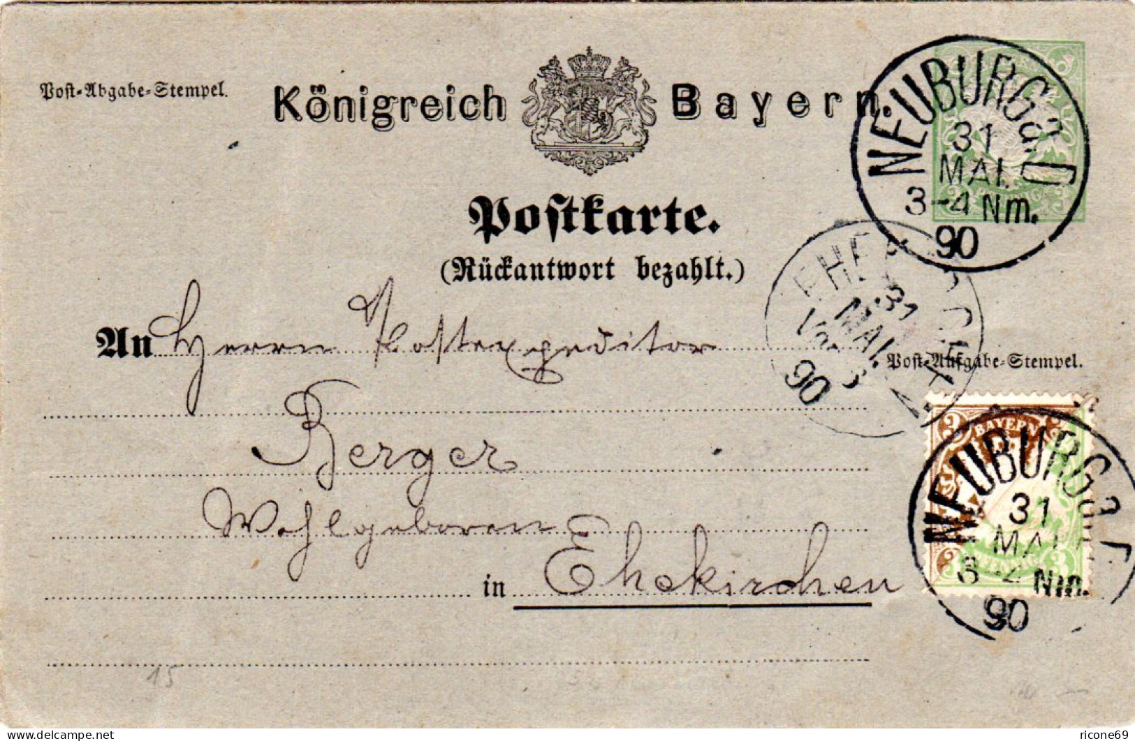 Bayern 1890, 3 Pf. Grün+braun, 4 Diagonalhalbierungen Auf Doppelkarte Ganzsache - Briefe U. Dokumente