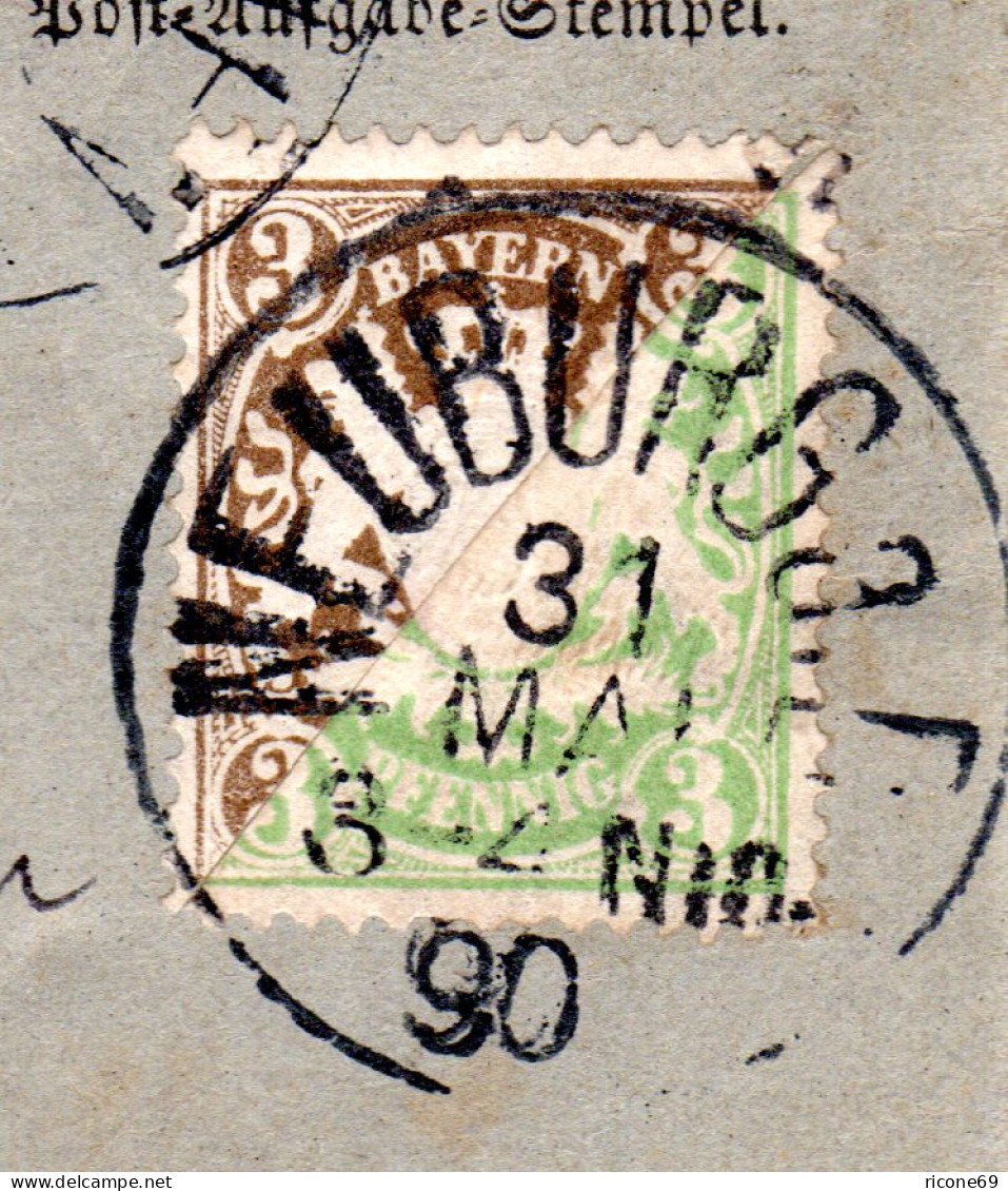 Bayern 1890, 3 Pf. Grün+braun, 4 Diagonalhalbierungen Auf Doppelkarte Ganzsache - Lettres & Documents