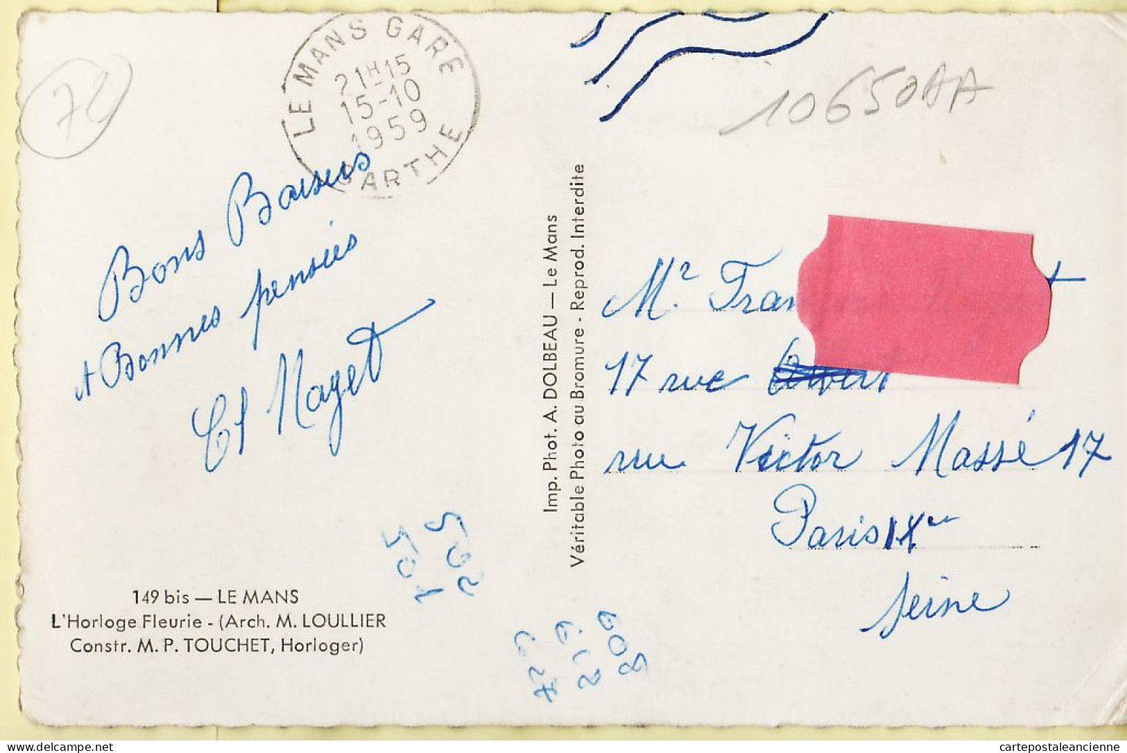 35241 / LE MANS Sarthe HORLOGE FLEURIE Architecte LOULLIER Constructeur Horloger TOUCHET 15.10.1959 DOLBEAU - Le Mans