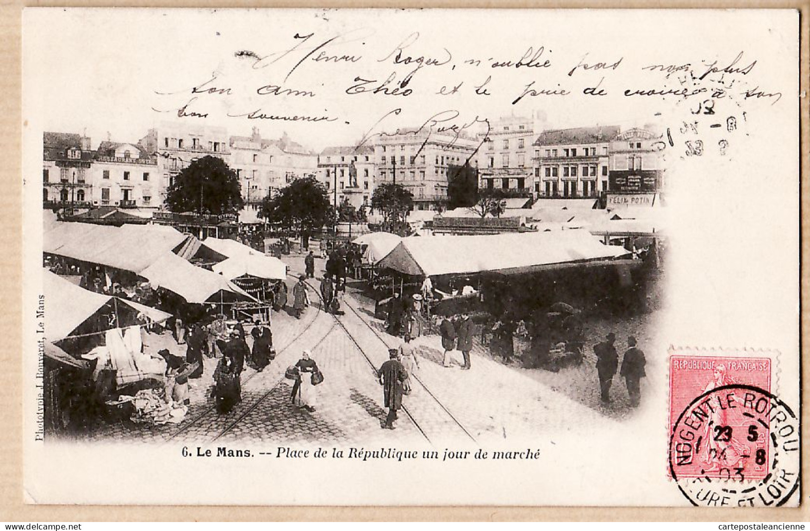 35233 / LE MANS Sarthe Place République JOUR MARCHE 1903 à De VAUX Cc DUMONT Banquier Beauvais - BOUVERET 6 - Le Mans