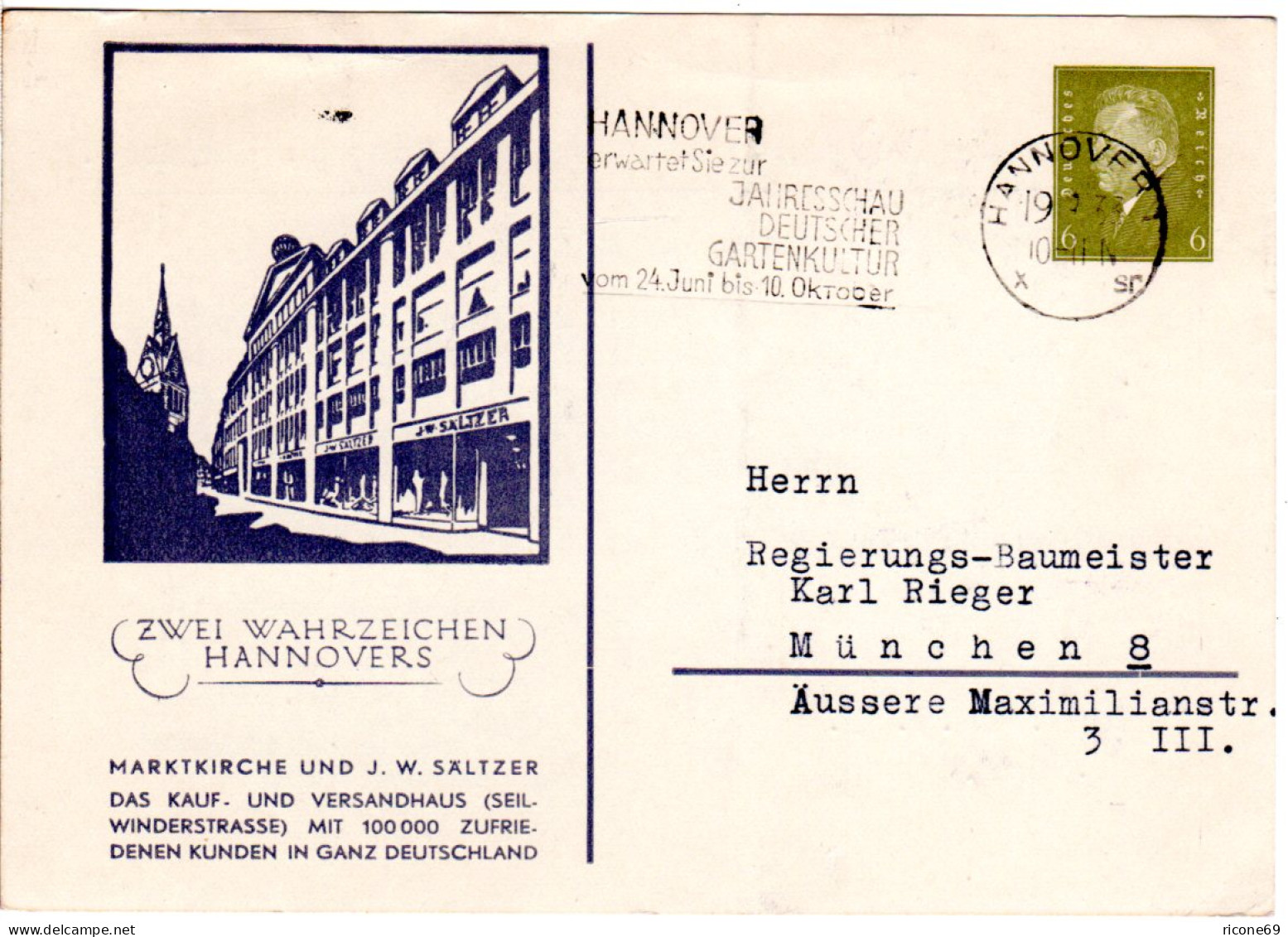 DR, Gebr. 6 Pf. Privatganzsachenkarte Wahrzeichen Hannovers M. Kaufhaus Sältzer - Lettres & Documents