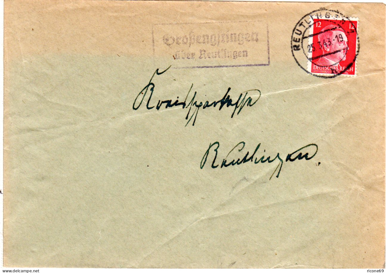 DR 1943, Landpost Stpl. GROSSENGSTINGEN über Reutlingen Auf Brief M. 12 Pf. - Briefe U. Dokumente