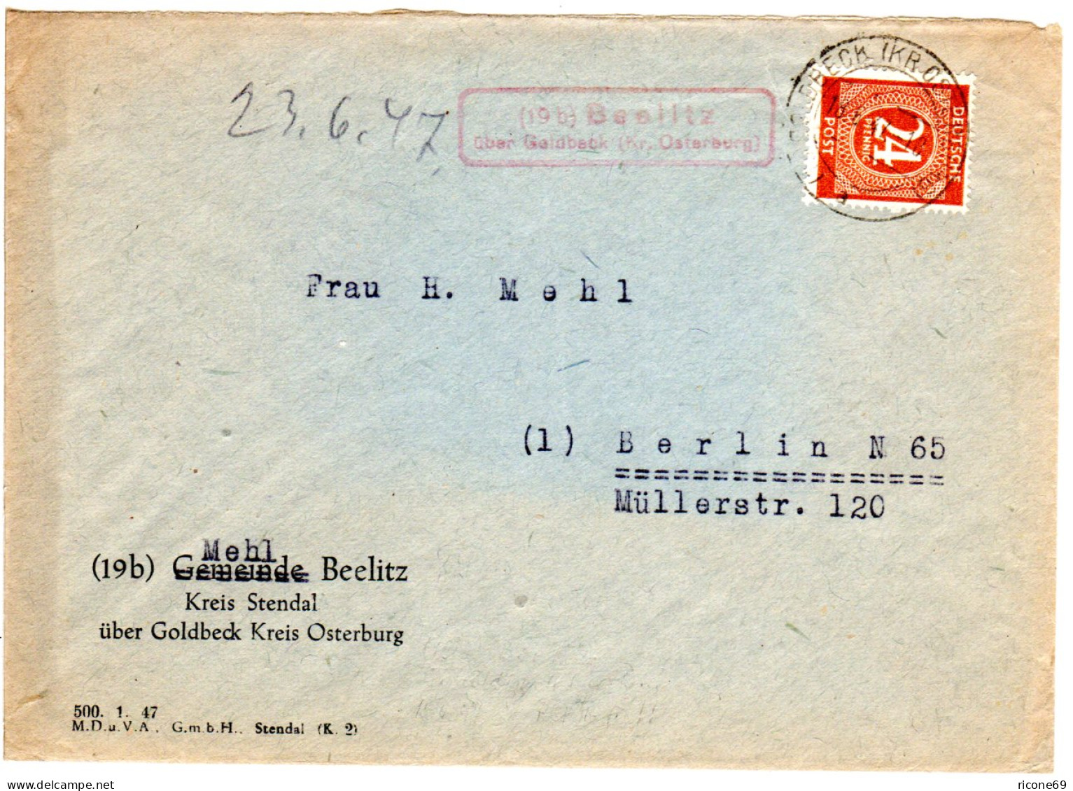 1947, Landpost Stempel 19b BEELITZ über Goldbeck Auf Brief M. 24 Pf. - Other & Unclassified