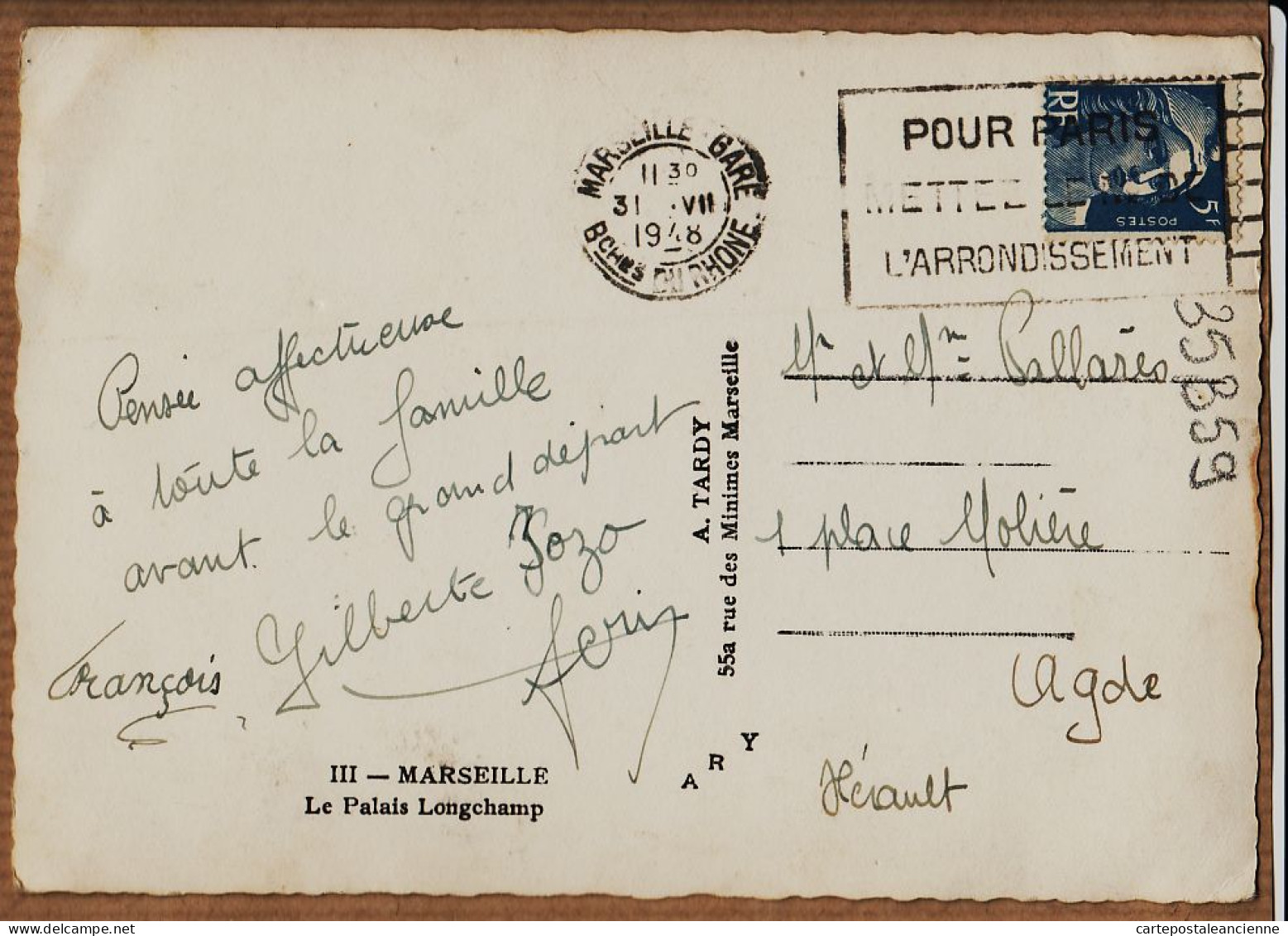 35071 / MARSEILLE IV Le Palais LONGCHAMP 1948 à PALLARES Agde Photo-Bromure 15X10 ARY TARDY III - Monumenti
