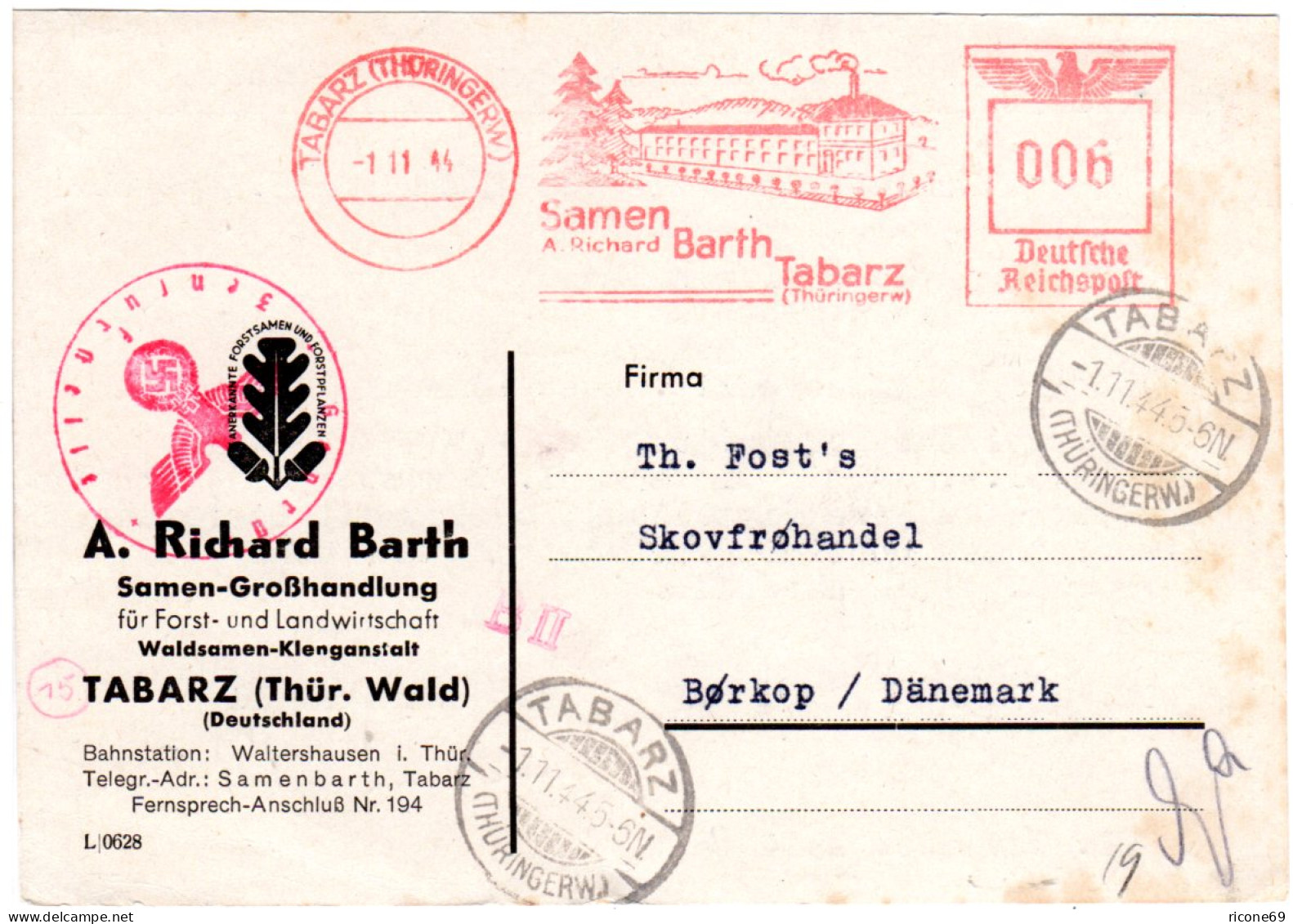 DR 1944, 6 Pf. Samen Barth AFS Auf Zensur Karte V. Tabarz N. Dänemark - Briefe U. Dokumente