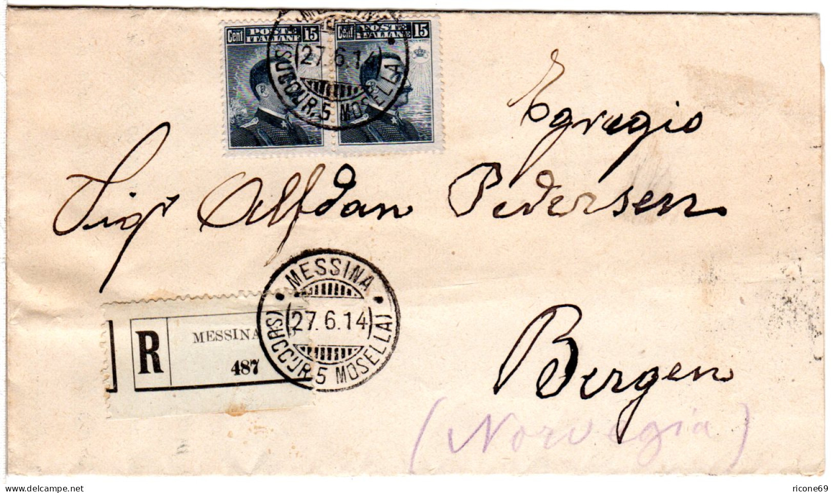 Italien 1914, MeF 2x15 C. Auf Einschreiben Drucksache V. Messina N. Norwegen - Ohne Zuordnung