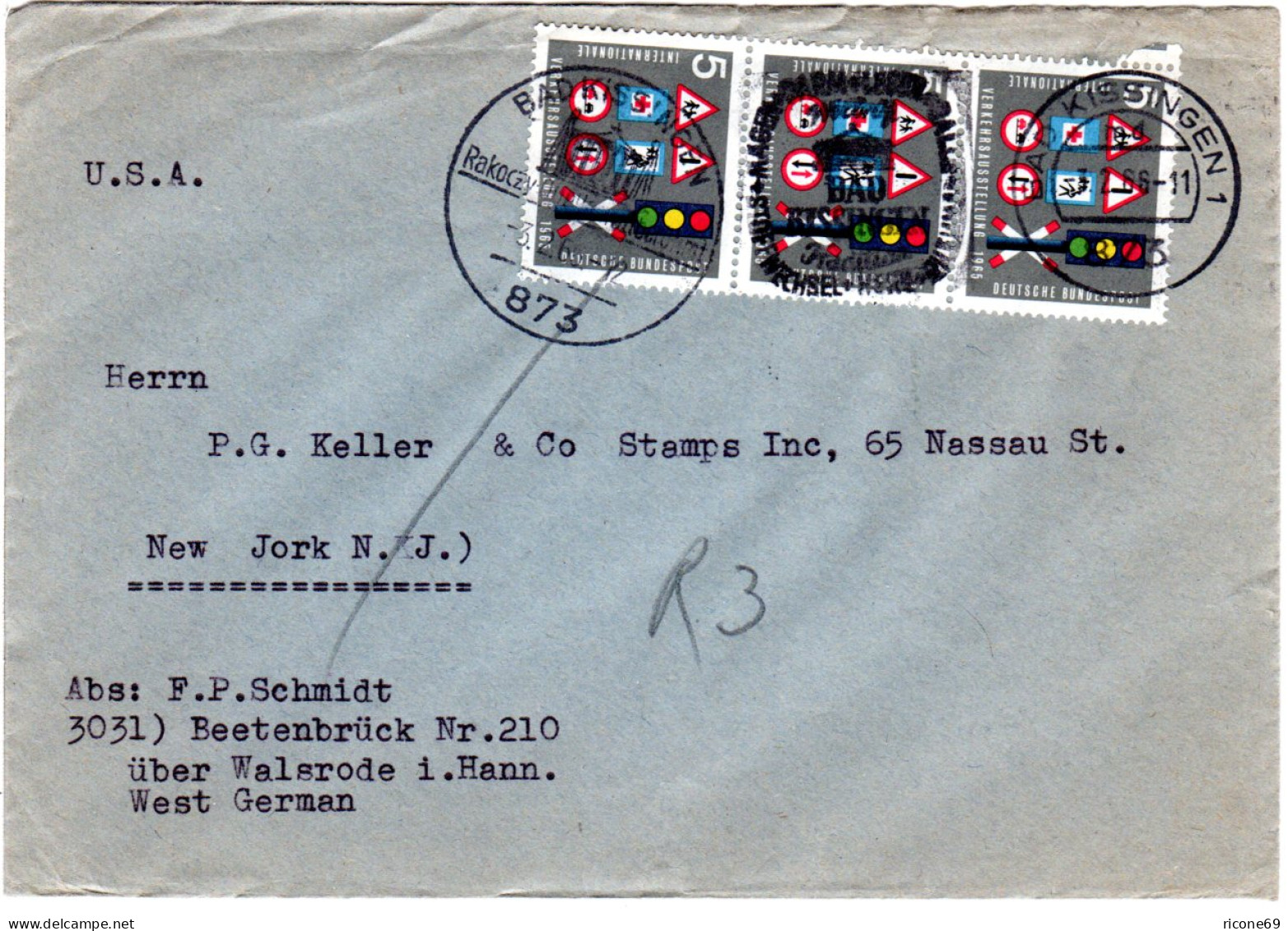 BRD 1966, MeF 3x5 Pf. Verkehrsaustellung Auf Drucksache V. Bad Kissingen N. USA - Storia Postale