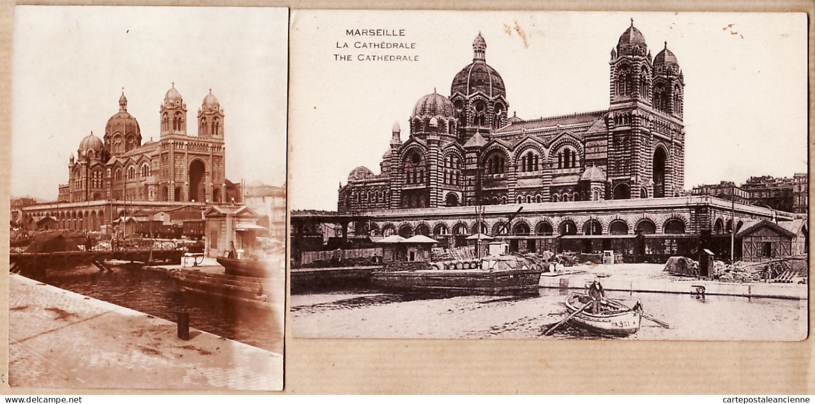 35113 / MARSEILLE Cathédrale 1 Photo 1900s Avec Train Et 1 CPA ( écrite En Allemand) Avec Barge - Notre-Dame De La Garde, Aufzug Und Marienfigur