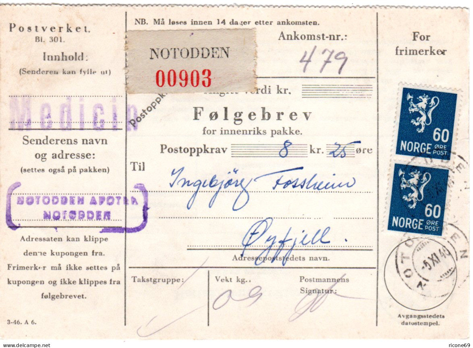 Norwegen 1946, MeF Paar 60 öre Auf Nachnahme Paketkarte V. NOTODDEN - Lettres & Documents