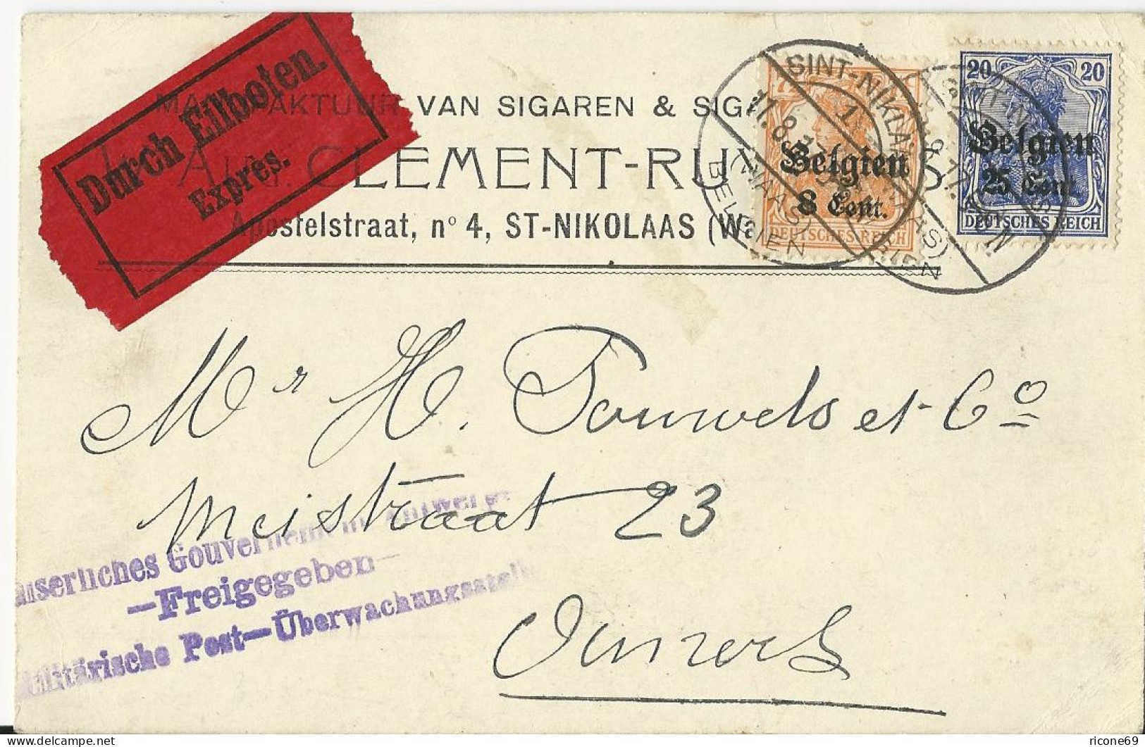 Belgien 1917, 8+25 C. Auf Eilboten Firmen Karte V. Sint-Niklaas. Zensur! - Occupation 1914-18
