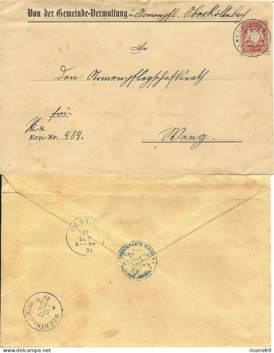 Bayern 1900, 10 Pf. Auf Gemeinde Brief M. K2 Oberköllnbach. Rücks. Amtsstpl. - Lettres & Documents