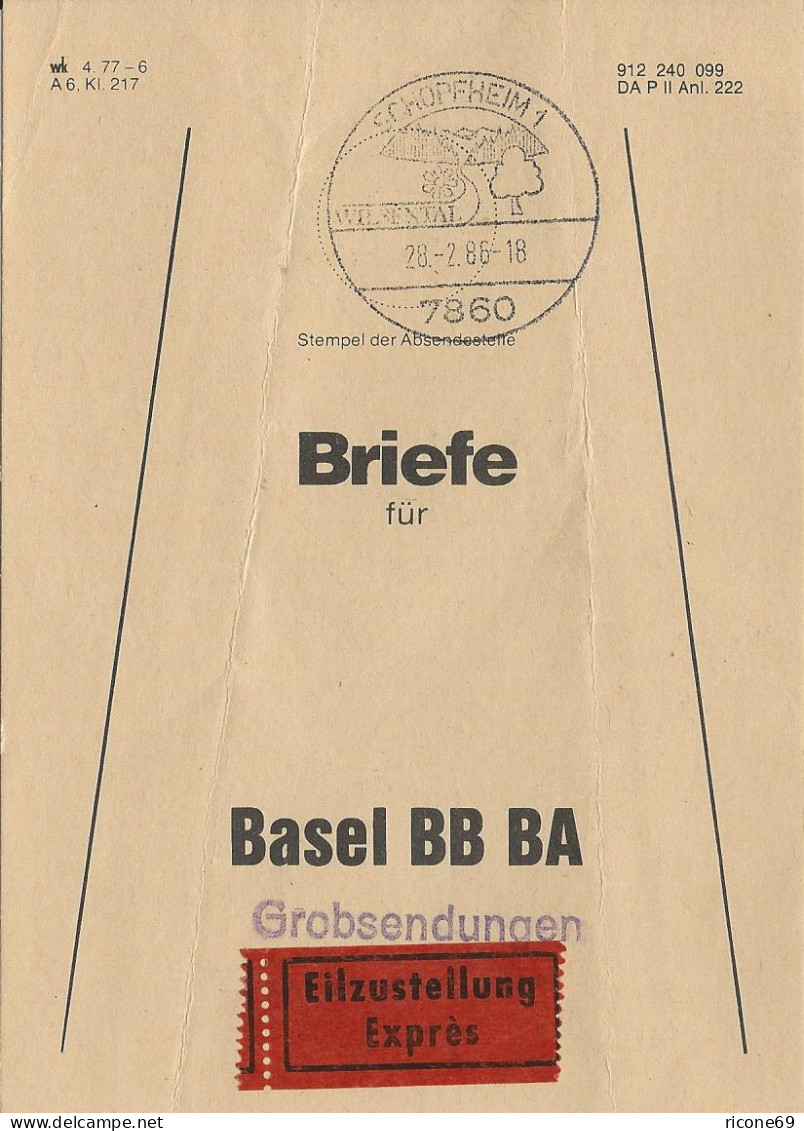 BRD 1986, Brief Bund Fahne F. Eilboten Grobsendungen V. Schopfheim I.d. Schweiz  - Covers & Documents