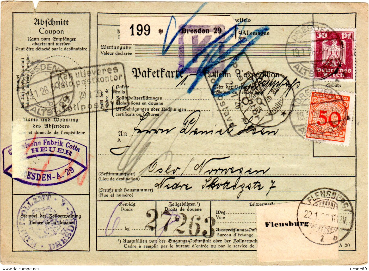 DR 1926, 4x100+40+50 Pf. Vs.+rs. Auf Paketkarte V. DRESDEN 29 N. Norwegen - Lettres & Documents