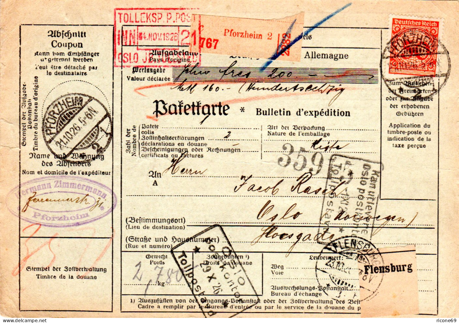 DR 1926, 50+rücks. 3x100 Pf. Auf Wert Paketkarte V. Pforzheim N. Norwegen. - Covers & Documents