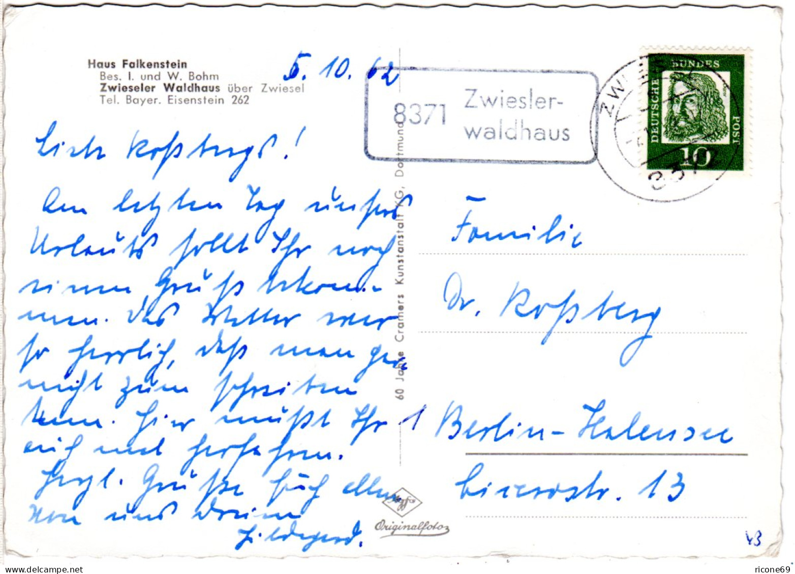BRD 1962, Landpost Stpl. 8859 Zwieslerwaldhaus Auf AK Haus Falkenstein - Cartas & Documentos