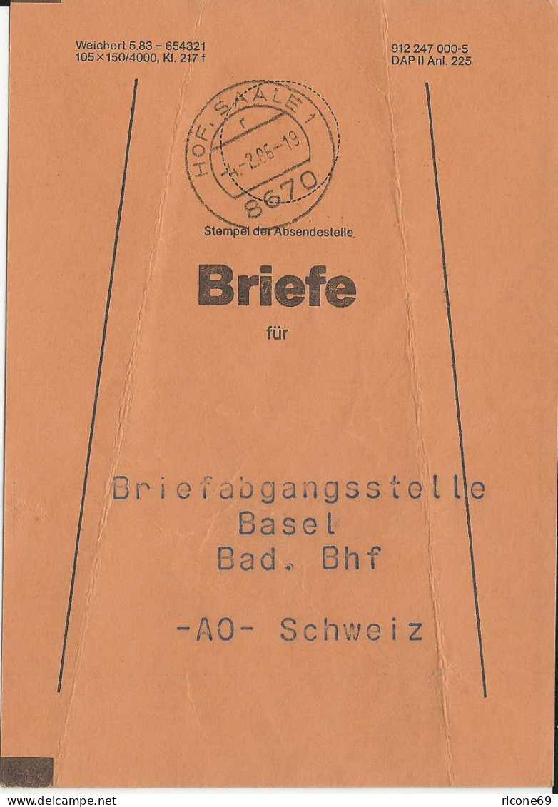 Hof Saale 1986, Brief Bund Fahne F. BA Basel Bad. Bahnhof.  - Cartas & Documentos