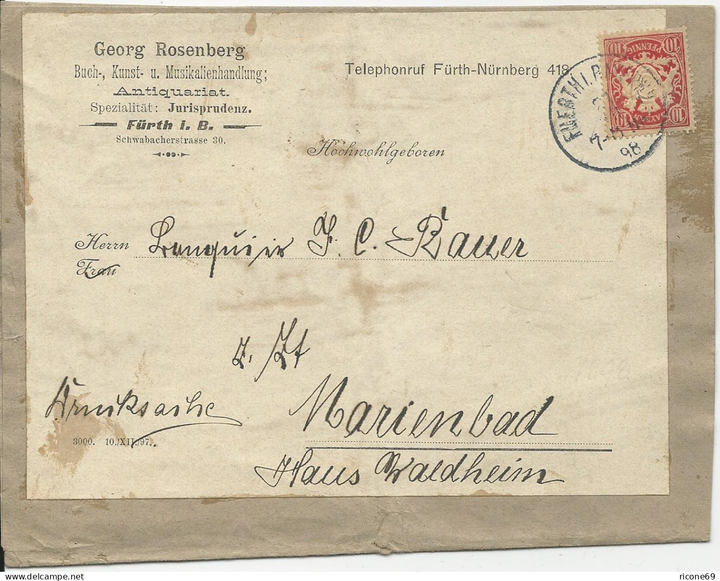 Bayern 1898, EF 10  Pf. Auf Zeitungs Schleife V Fürth N. Marienbad, Österreich - Cartas & Documentos