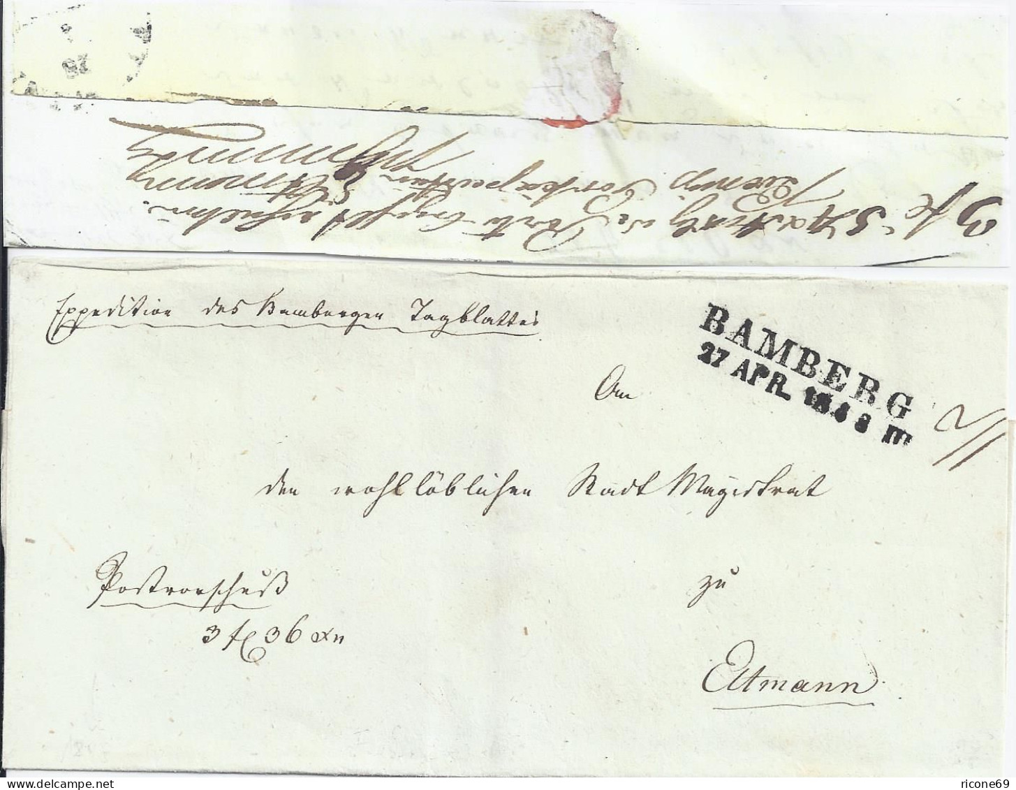 Bayern 1848, L2 Bamberg Auf Nachnahme Brief M. Porto Vermerk V. Eltmann. #1531 - Brieven En Documenten