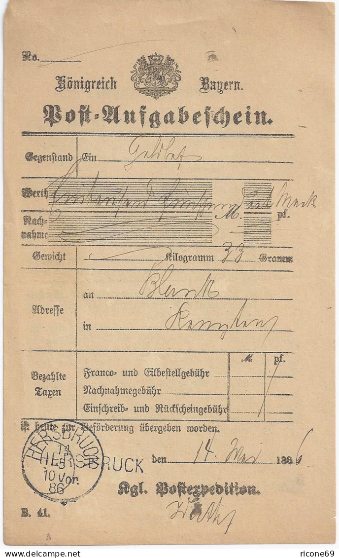 Bayern 1886, L1 U. K1 HERSBRUCK Zusammen  Auf Postschein. #2069 - Brieven En Documenten