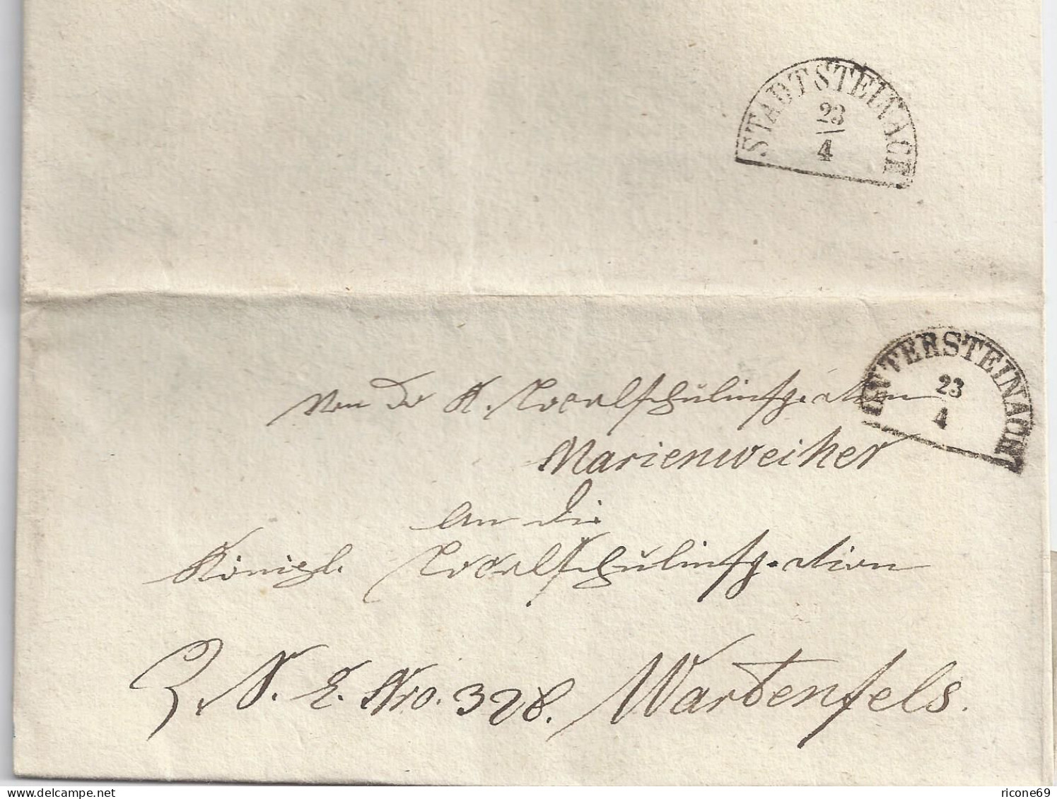 Bayern 1858, HKS Untersteinach Auf Brief V. Marienweiher N. Wartenfels. #2070 - Cartas & Documentos
