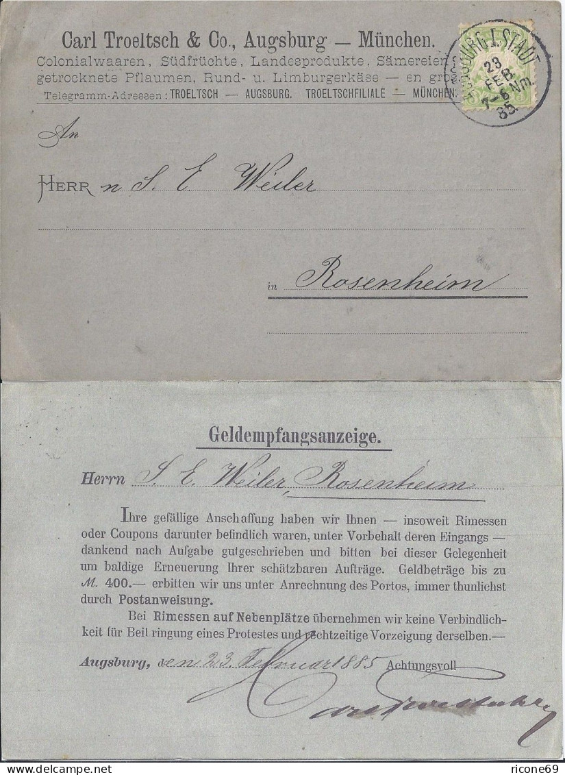 Bayern 1885, EF 3 Pf. Auf Geldempfangsanzeige Karte V. Augsburg I Stadt. #2612 - Brieven En Documenten