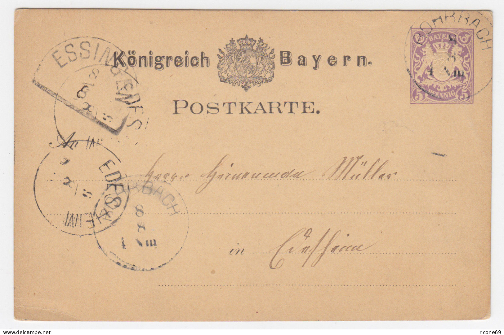 Bayern 1880, HKS ESSINGEN  Auf Ganzsache N. Edesheim M. K1 Rohrbach. #220 - Briefe U. Dokumente