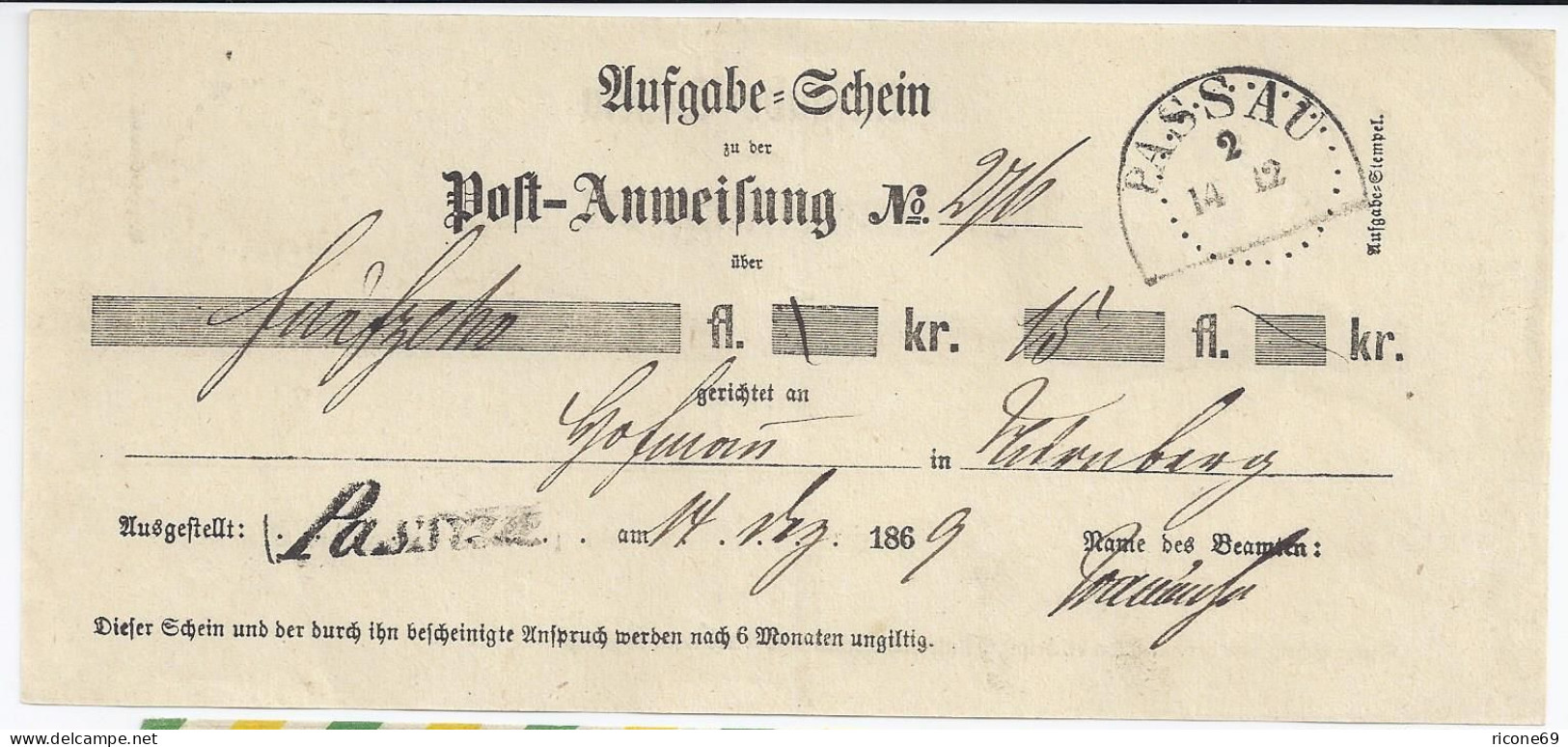Bayern 1869, L1 U. HKS PASSAU Auf Postschein F. Postanweisung. #1564 - Brieven En Documenten